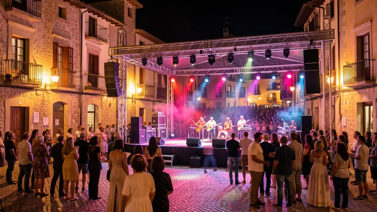 Generic image of an outdoor concert stage at night in a Spanish town square.