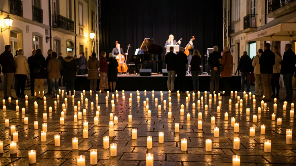 Imagen de una plaza iluminada por miles de velas durante un evento nocturno, con un escenario musical al fondo.