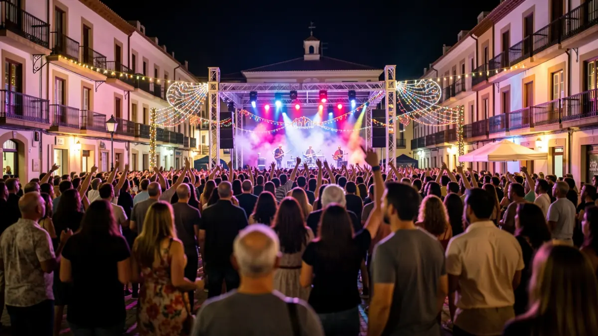 Generic image of a town square in the Community of Madrid during a festive night, with stage lights and a crowd.