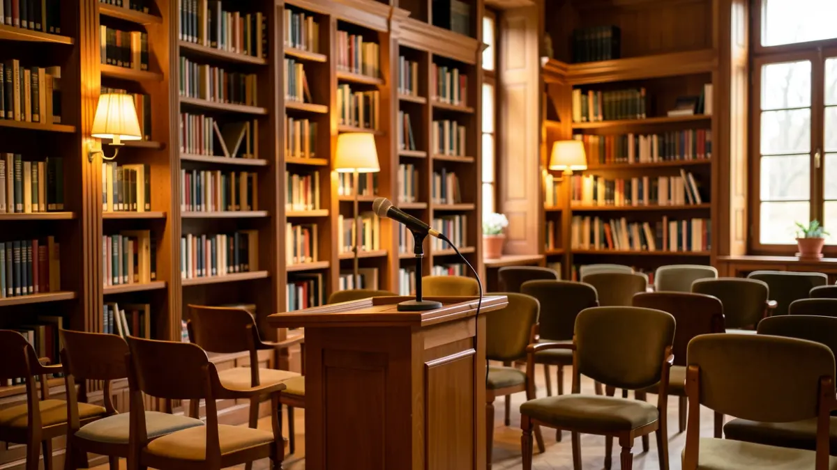 Generic image of a library event space with bookshelves and a podium.