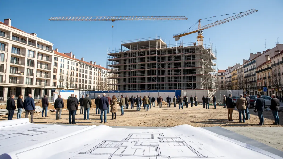 Imagen de una obra de construcción de viviendas en un entorno urbano de Madrid.