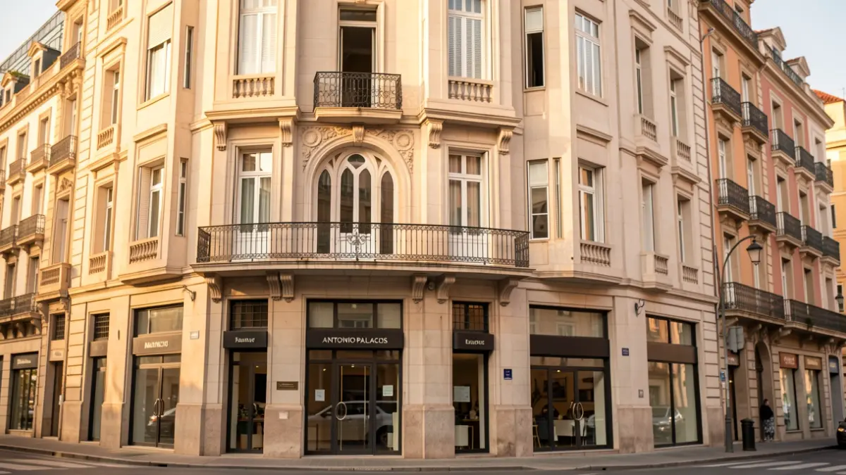 Fachada del edificio modernista Casa Palazuelo en Madrid, obra de Antonio Palacios, con locales comerciales en la planta baja.