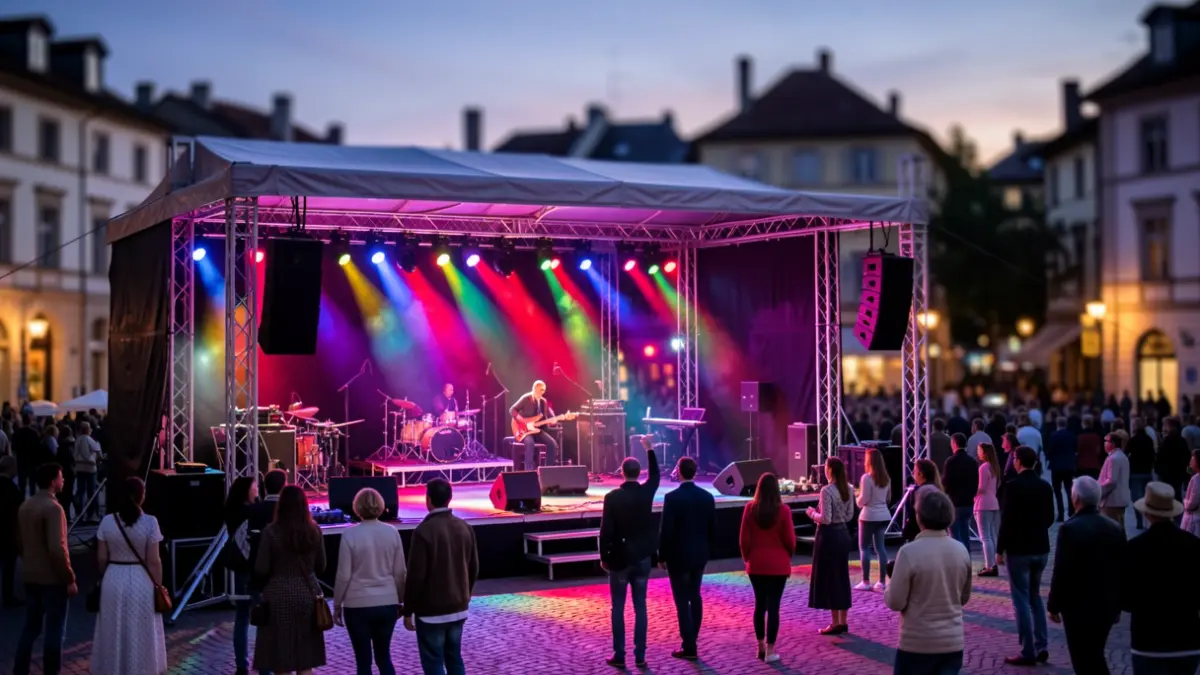 Outdoor concert scene in a town square at dusk.