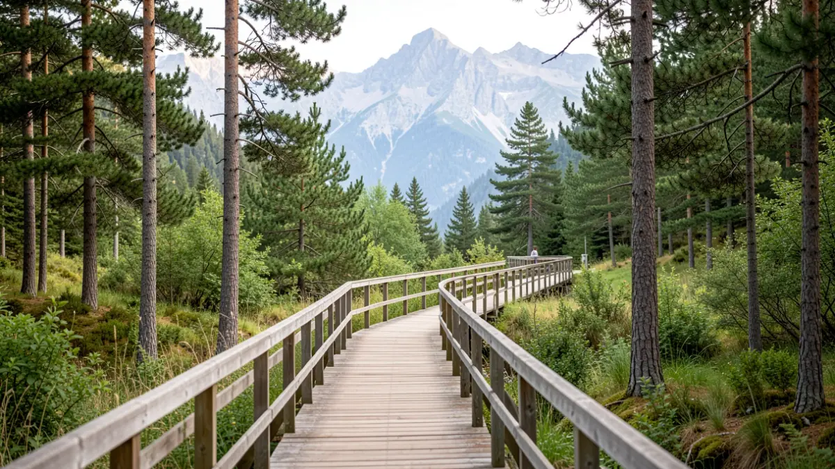 Accessible wooden pathways in a natural pine forest setting in the Sierra de Guadarrama.