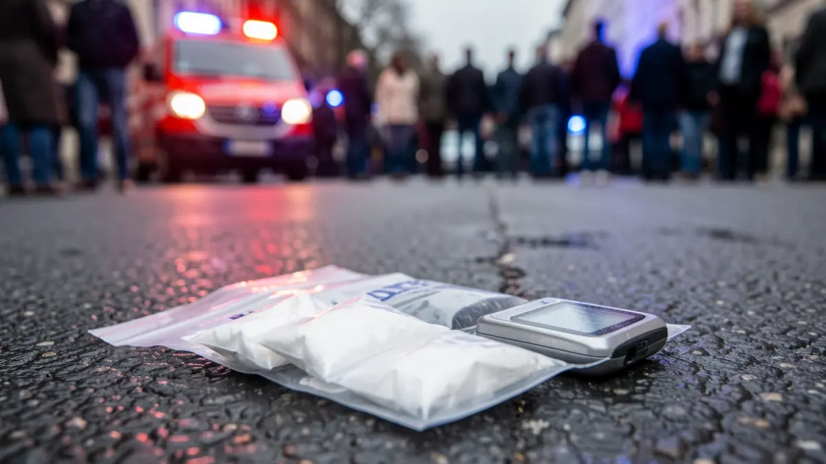Bolsa de pruebas policiales con cocaína y balanza sobre asfalto mojado, con luces de emergencia borrosas.