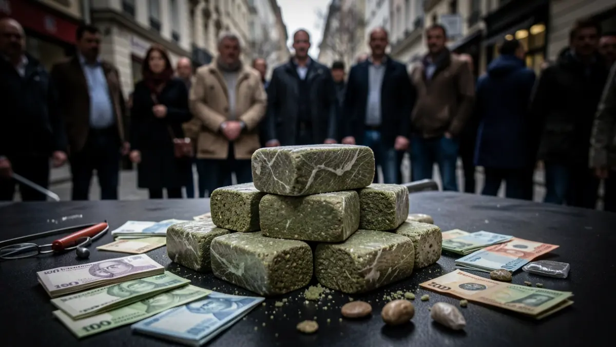 Image of drug blocks, money, and paraphernalia seized in a police operation.
