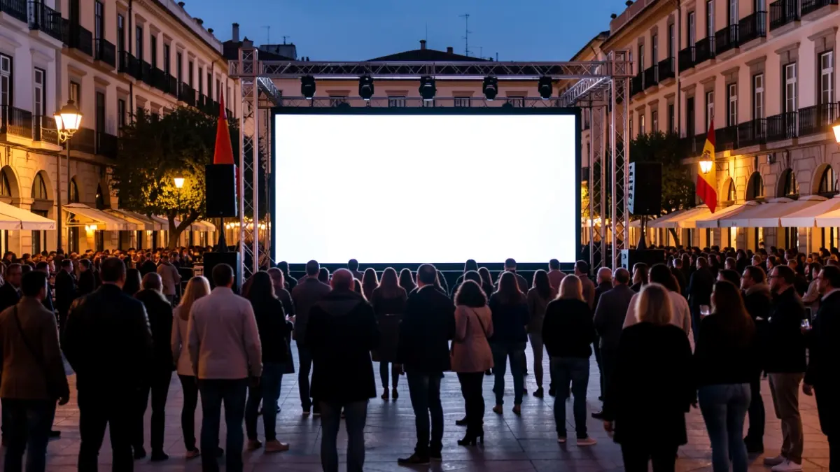 Giant screen set up in a public square at dusk for a football match broadcast.