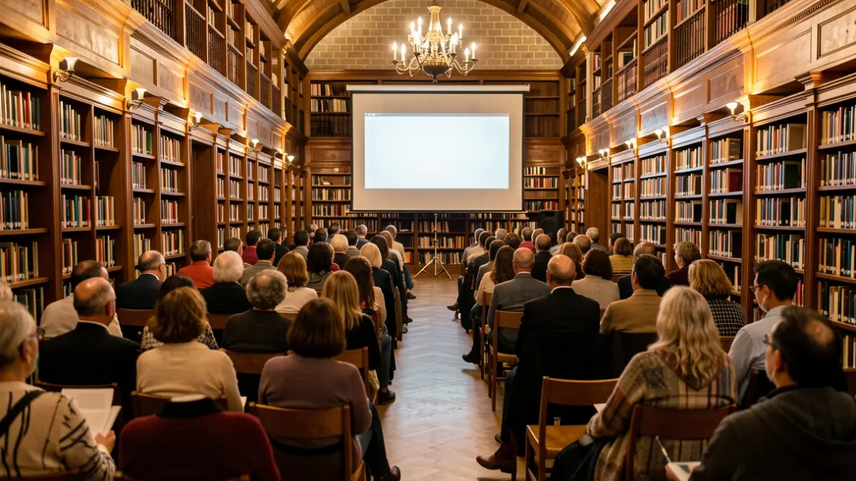 Imagen de la biblioteca municipal Cardenal Cisneros de Alcalá de Henares con una sala preparada para la proyección de películas.