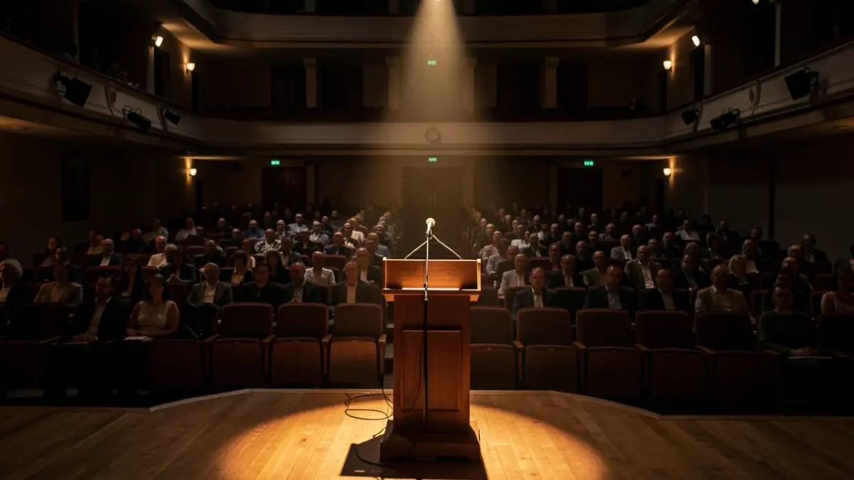Imagen genérica de un auditorio vacío con un micrófono en el escenario.
