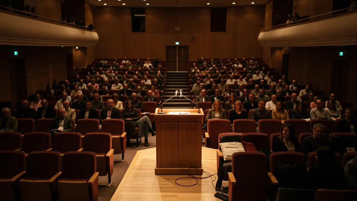 Imagen genérica de un auditorio vacío con un micrófono en el escenario.