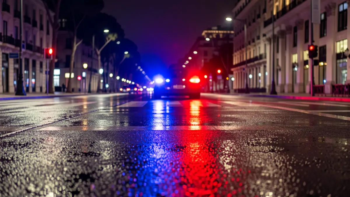 Luces de emergencia azules y rojas reflejándose en el asfalto mojado de la Castellana por la noche.