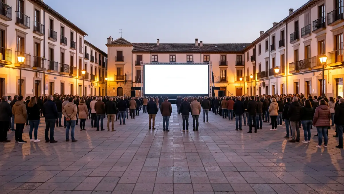 Imagen genérica de una plaza pública española con una pantalla gigante instalada al anochecer.