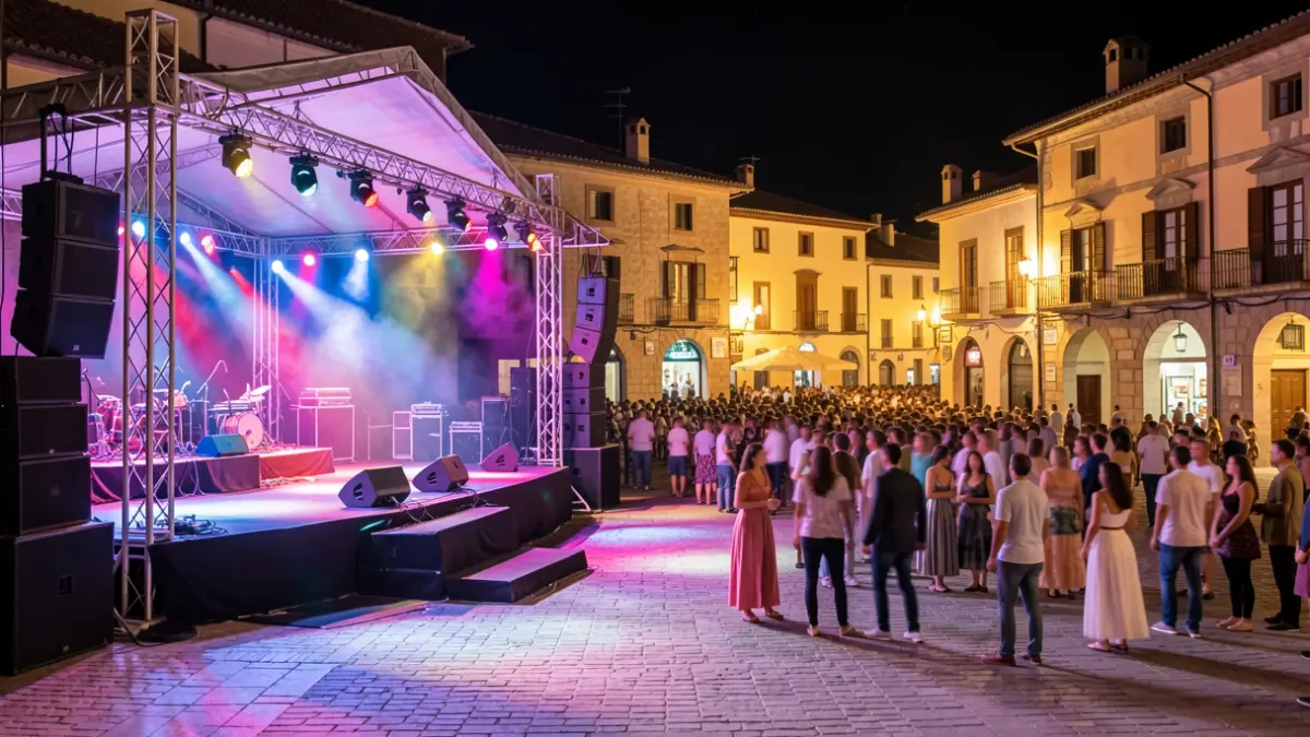 Outdoor music festival stage at night in a Spanish town square, with colorful lights and blurred crowd.