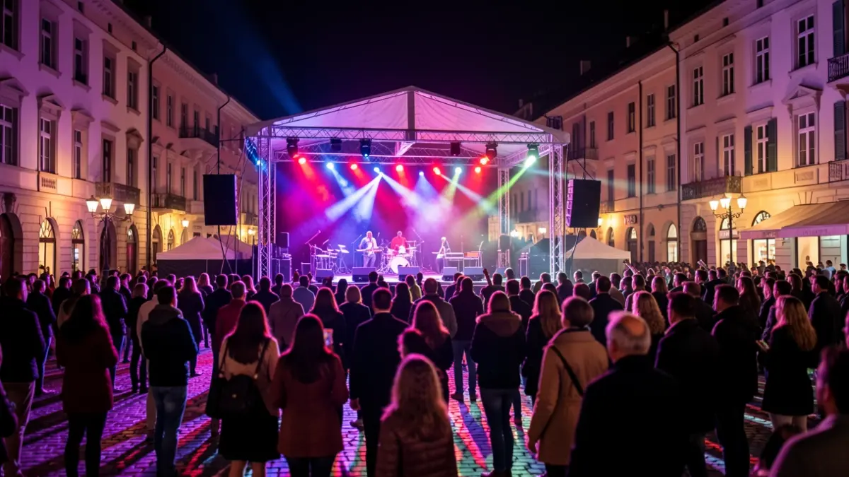 Outdoor concert stage at night with colorful lights and blurred audience.
