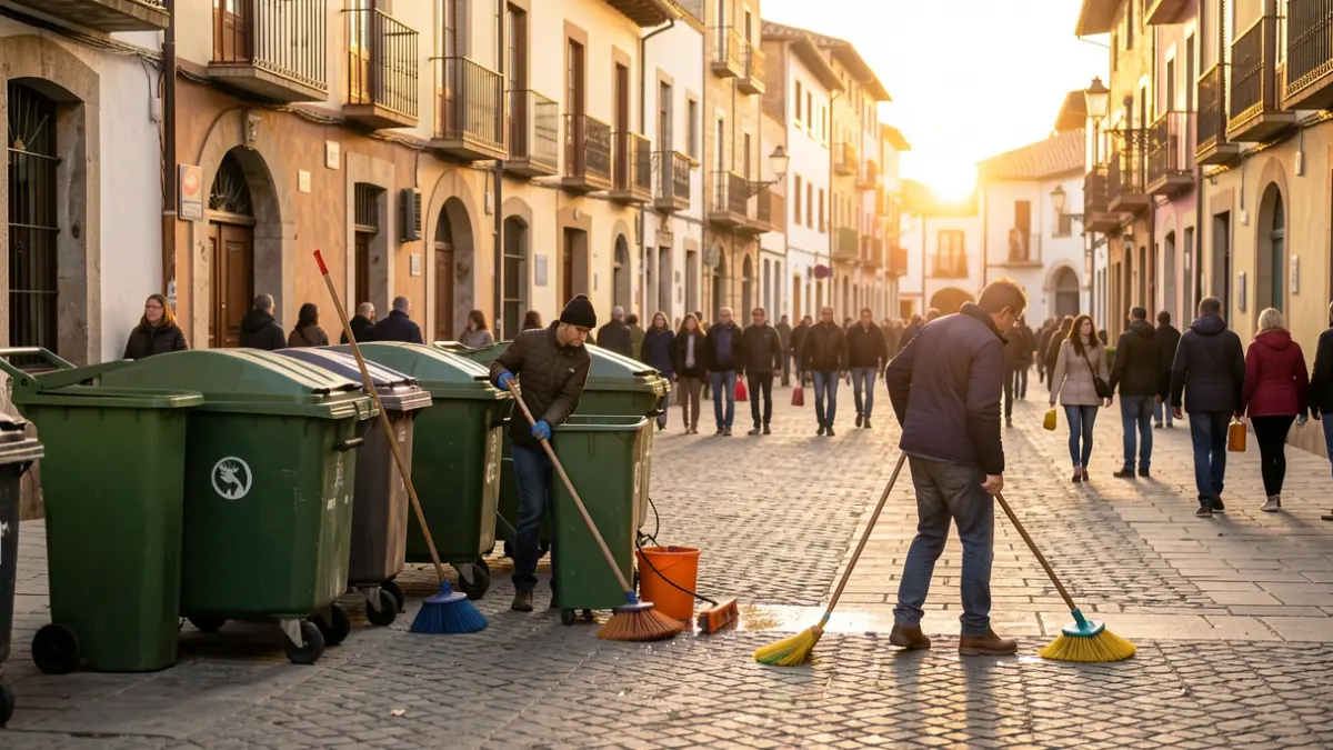 Generic image of a street cleaning crew working at dawn in a Spanish town square.