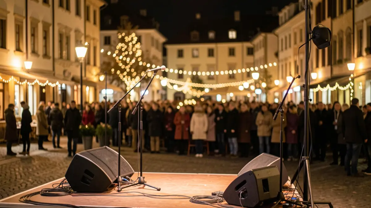 Concert stage in a town square during local festivities.