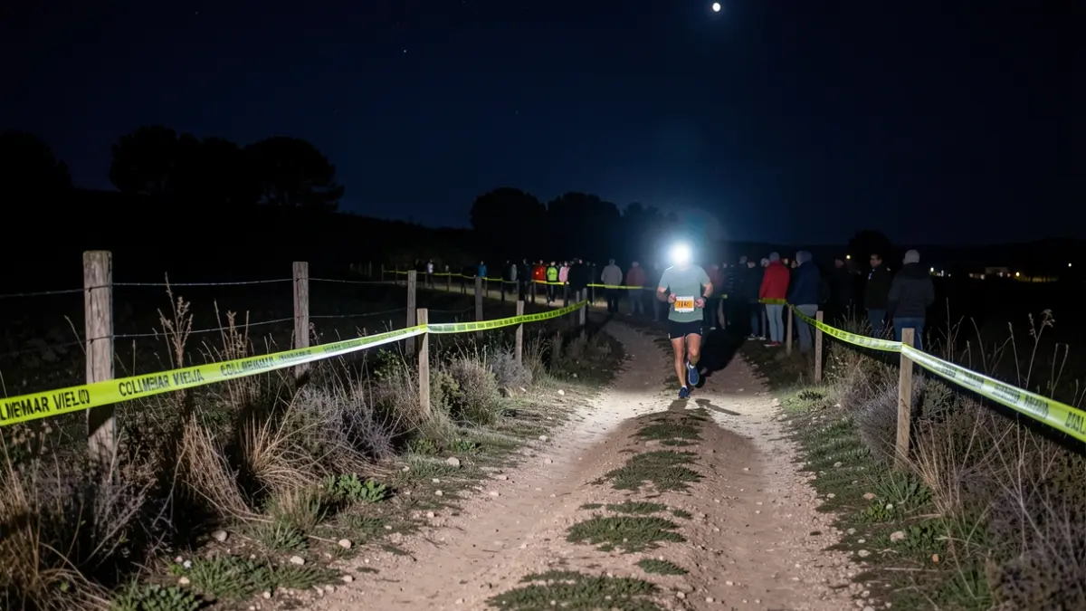 Recorrido nocturno de una carrera de 10 kilómetros en Colmenar Viejo con señalización fluorescente.