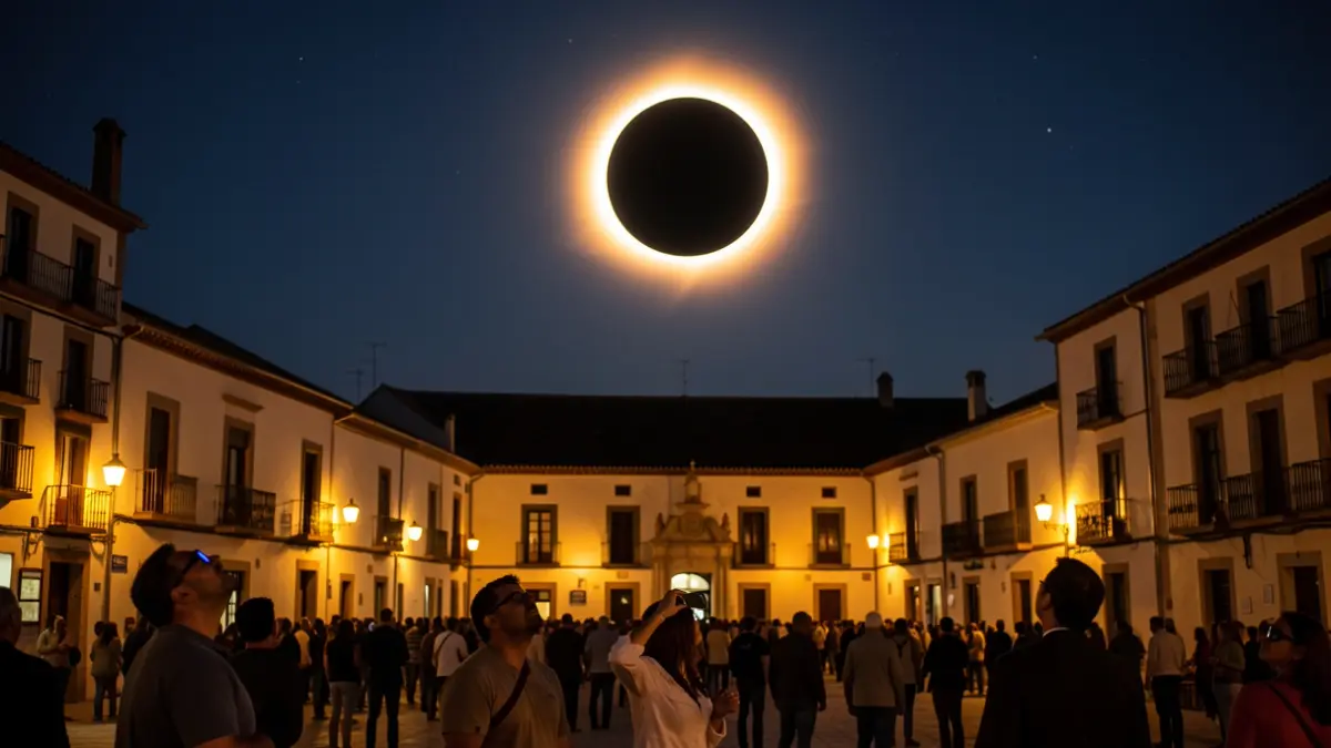 Image of a total solar eclipse viewed from Colmenar Viejo with people observing.