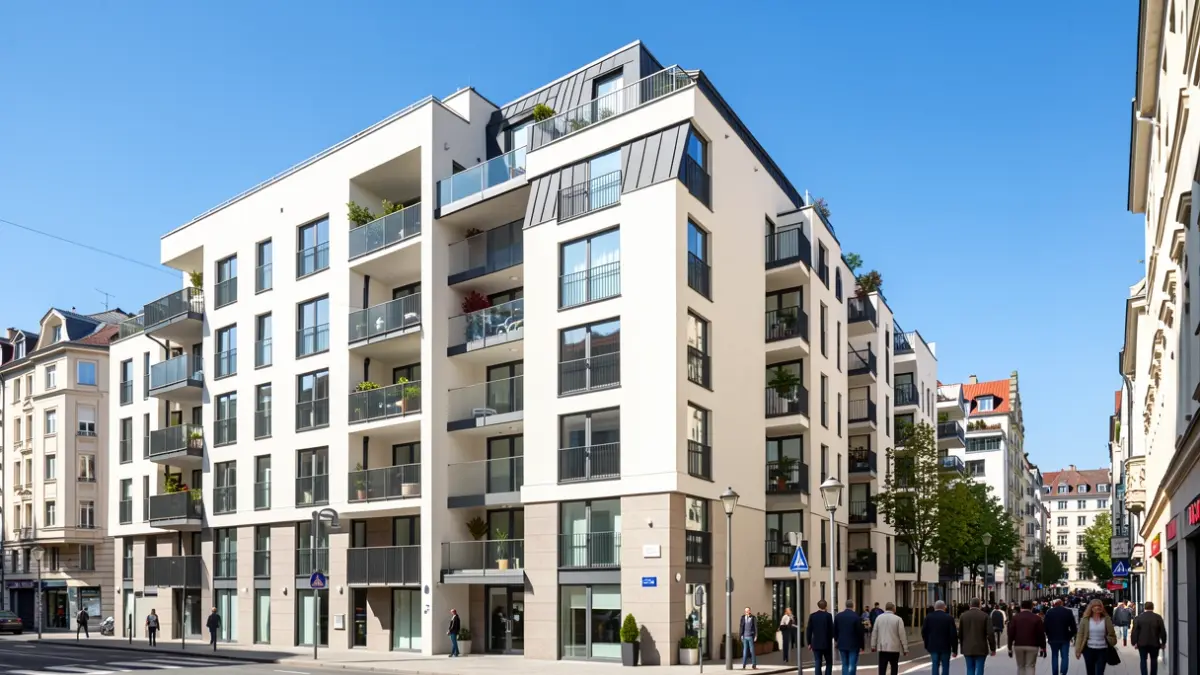 Edificio residencial moderno con balcones en una zona urbana de Colmenar Viejo.