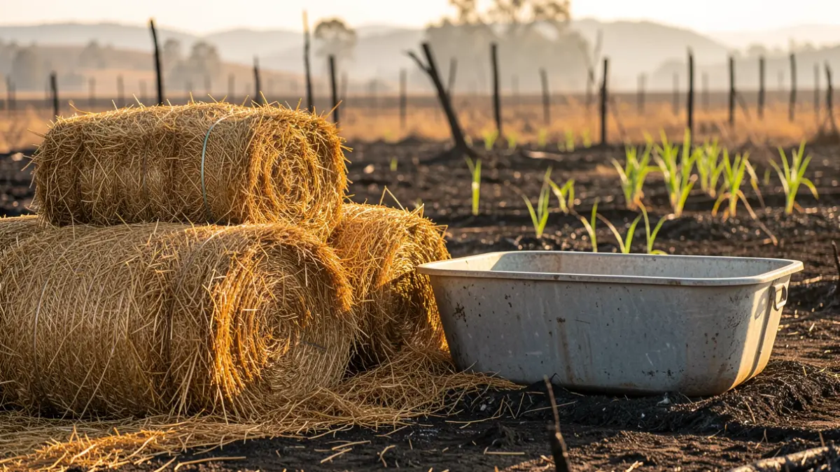 Hay bales and water troughs in a dry landscape after a fire, with green shoots emerging.