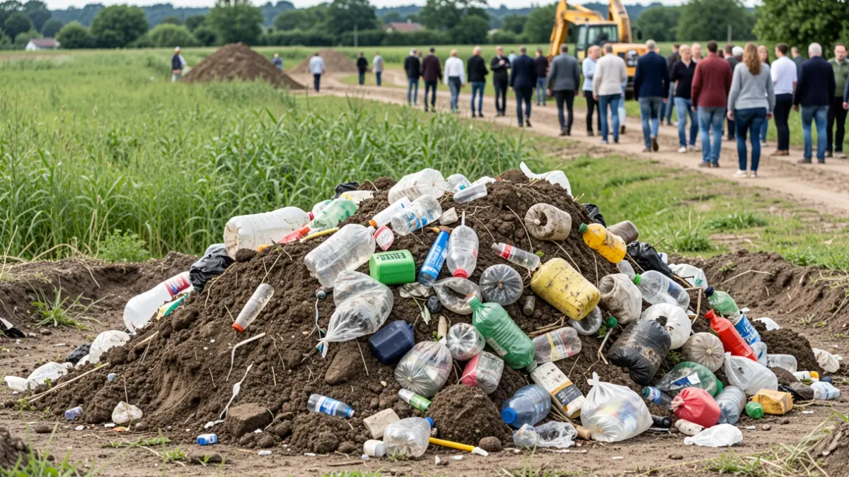 Montón de residuos mezclados, incluyendo plástico y tierra, parcialmente enterrados en el suelo. Vegetación verde al fondo.