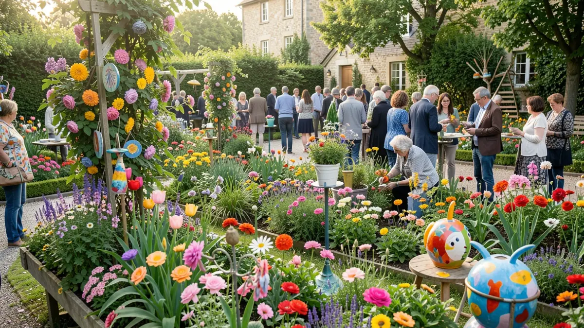 Garden decorated with flowers and creative elements, promoting participation and environmental care.