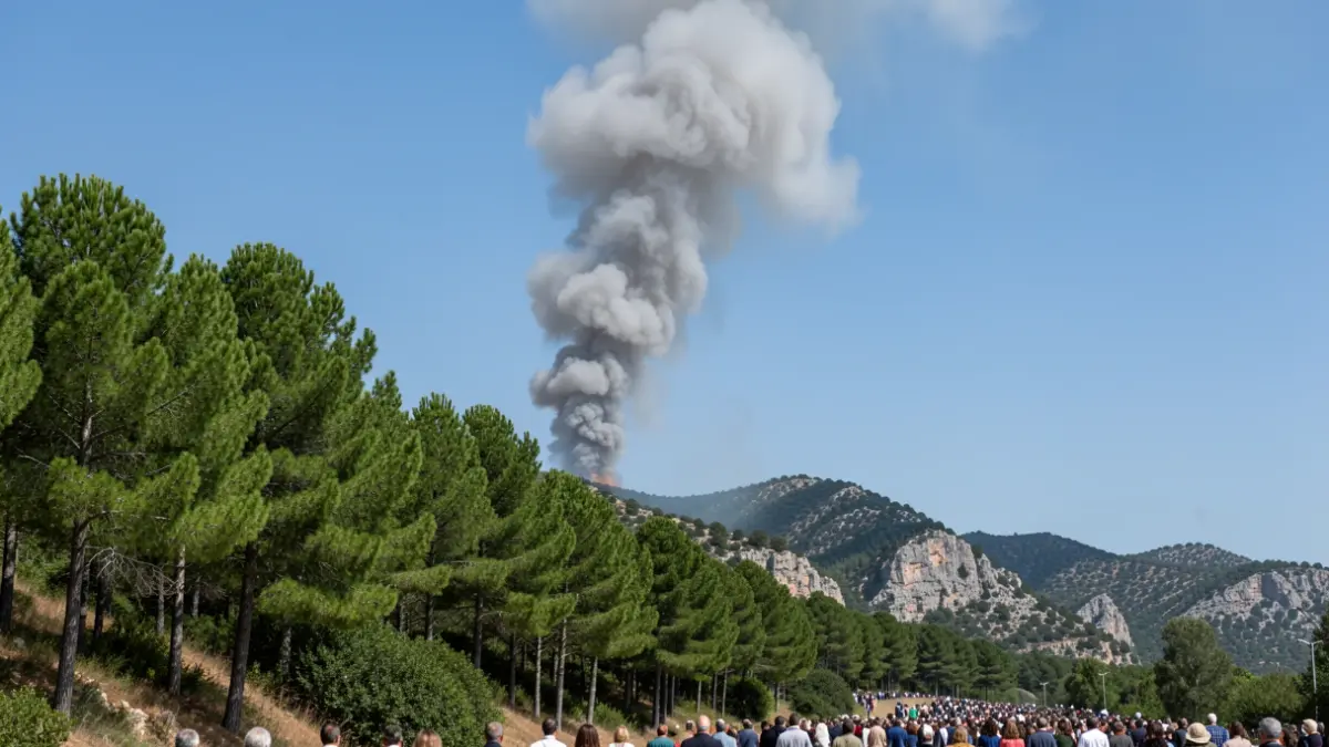 Columna de humo sobre un bosque de pinos en la Sierra Oeste de Madrid.