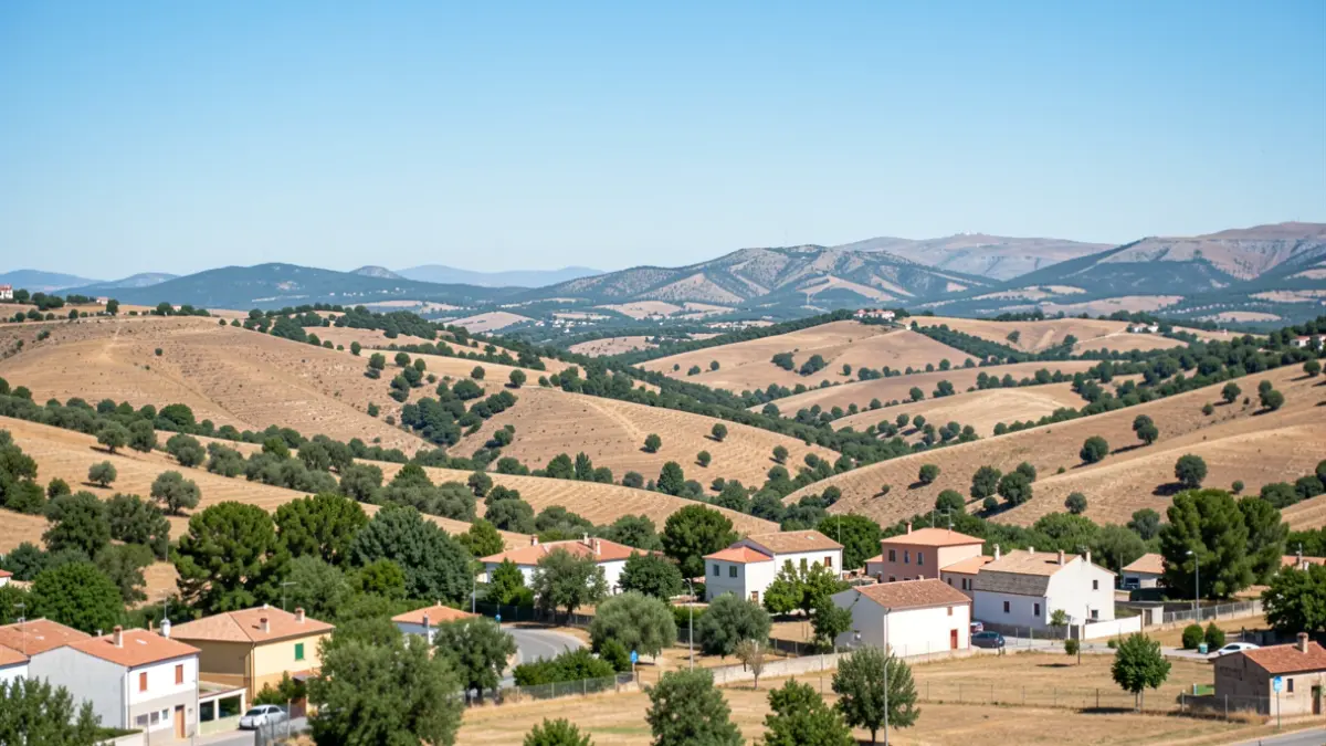 Panoramic view of the Sierra Norte of Madrid with hills and some buildings.