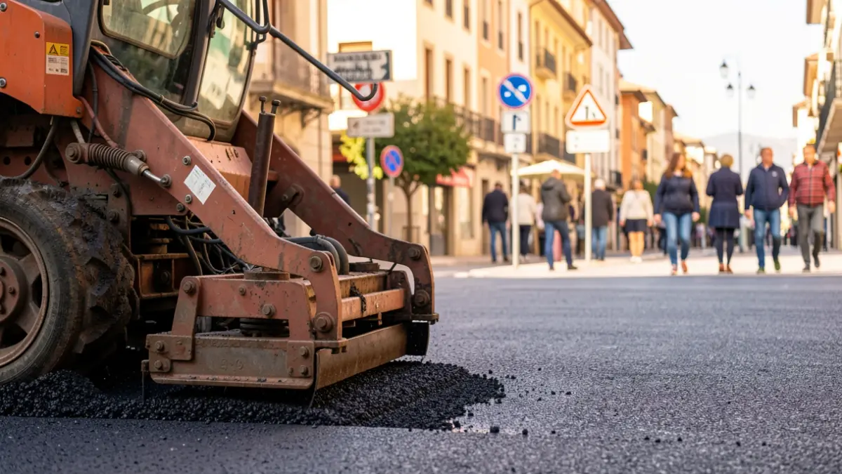 Trabajos de asfaltado en la calle Alfonso Senra en Guadarrama.