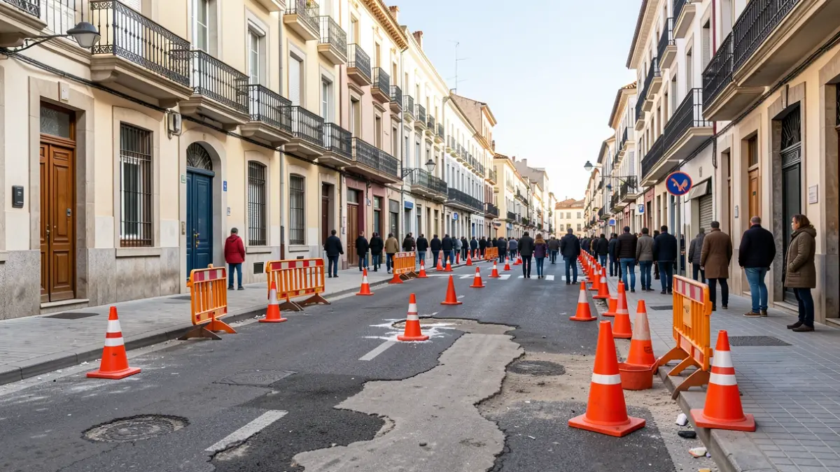 Image of Santiago street in Alcalá de Henares with maintenance works and traffic closure.
