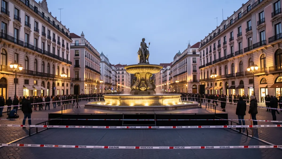 Plaza de Cibeles in Madrid with a stage set up and streets closed for a celebration, devoid of crowds.