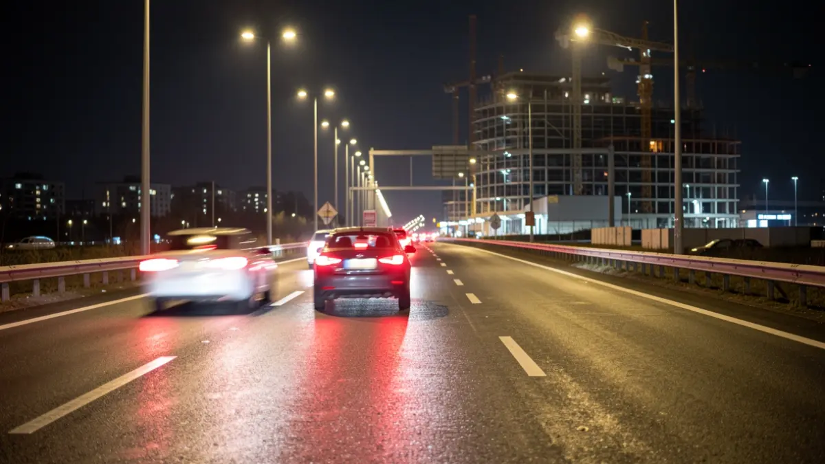 Generic image of an urban highway at night with blurred traffic lights.
