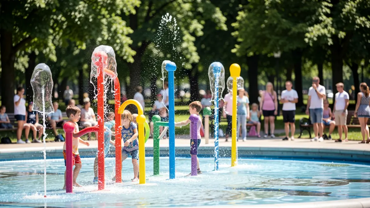 Imagen genérica de juegos de agua infantiles en un parque público.