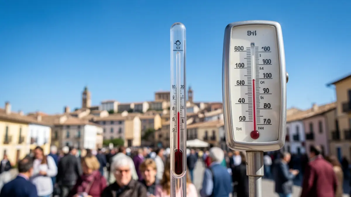 Termómetro marcando alta temperatura con cielo azul y ciudad española difuminada.