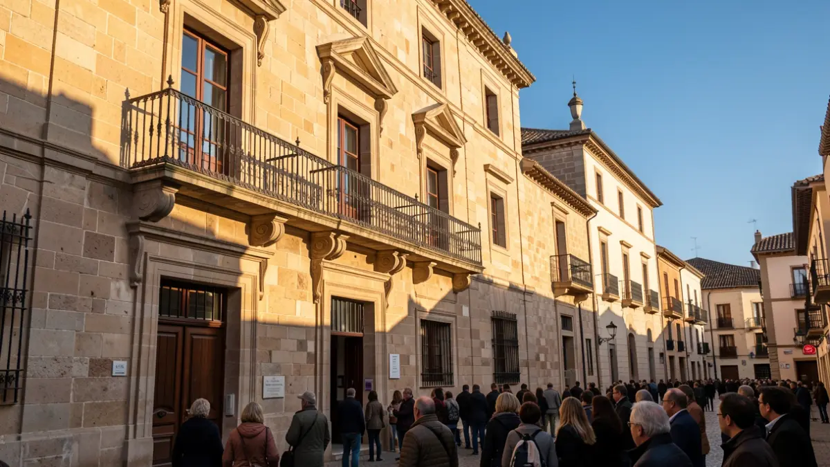 Stone facade of a town hall with a balcony and iron railings, warm afternoon light.