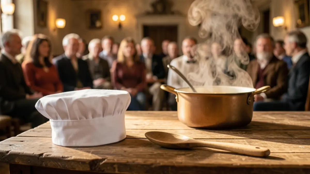 Gorro de chef y cuchara de madera sobre una mesa rústica con una olla humeante, evocando la narración de cuentos.