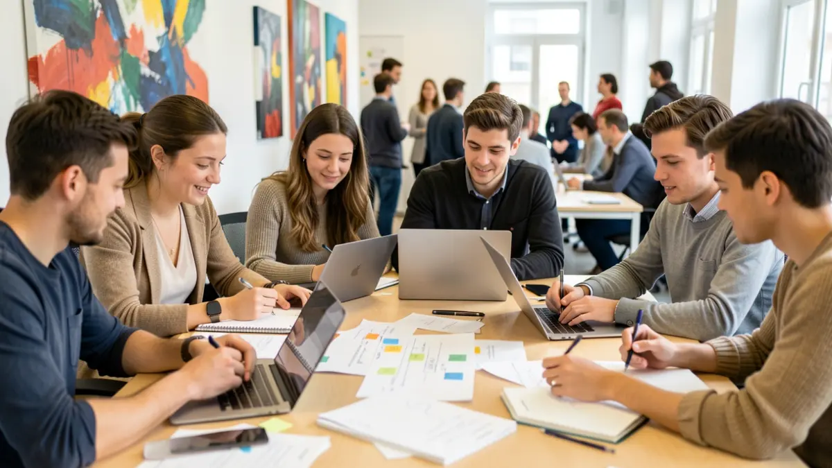 Jóvenes colaborando en un proyecto con metodologías ágiles en un espacio moderno.