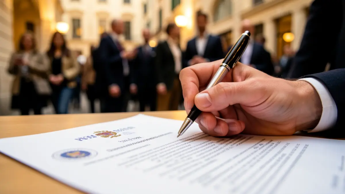 Close-up of a hand with a pen over an official document, symbolizing grant application.