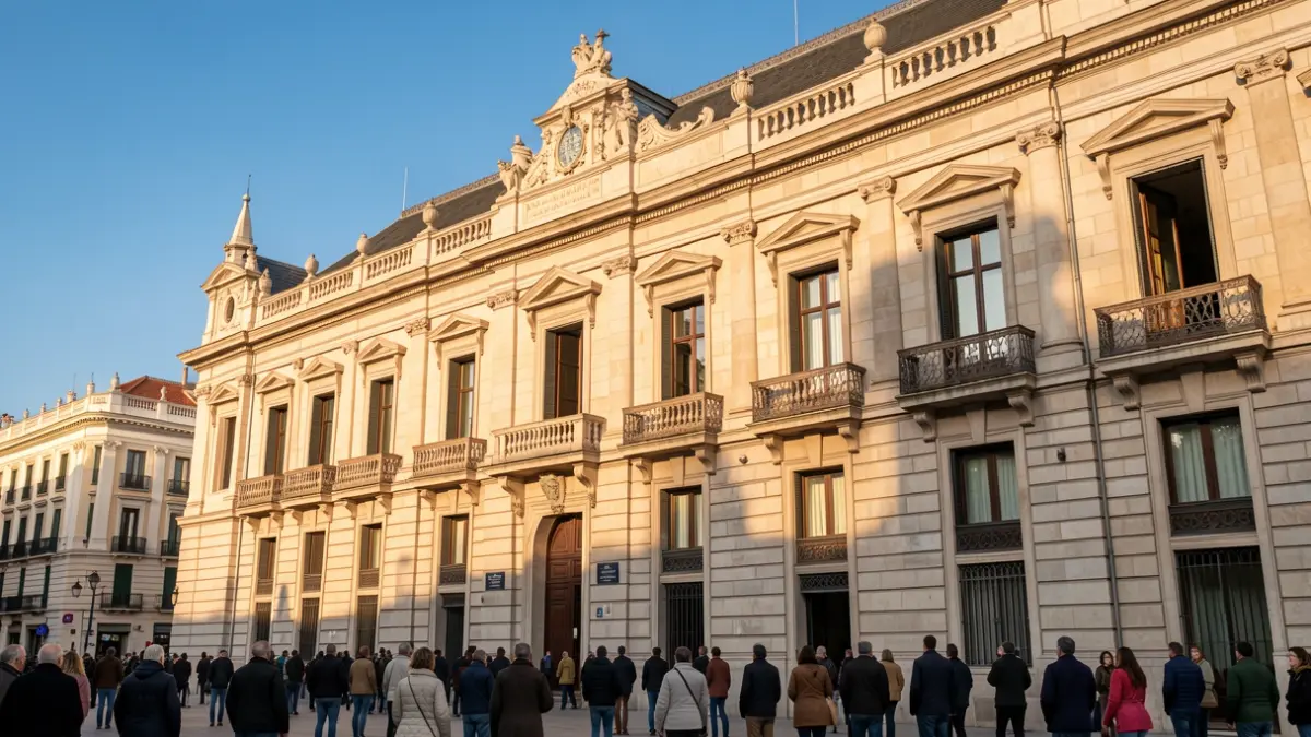 Fachada de un edificio municipal en Madrid con arquitectura tradicional.