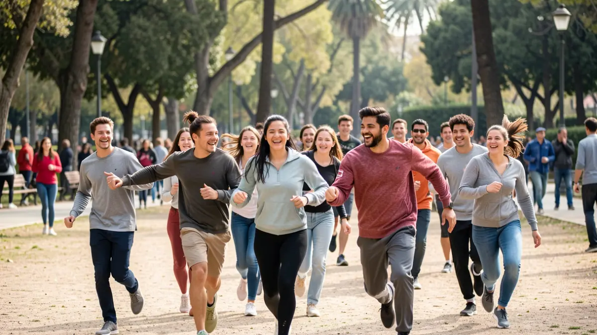 Young people participating in an outdoor group sports activity in Madrid.
