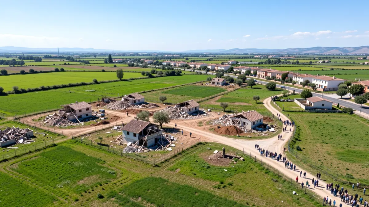 Vista aérea de suelo rústico protegido en la Comunidad de Madrid con edificaciones ilegales siendo demolidas.