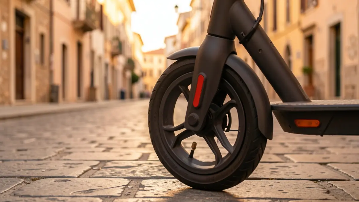 Close-up of an electric scooter wheel parked on a city sidewalk in the evening.