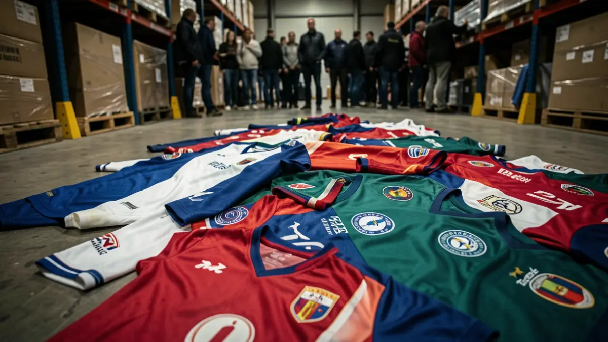 Close-up of counterfeit football jerseys, including national team shirts, seized in a police operation in Madrid.