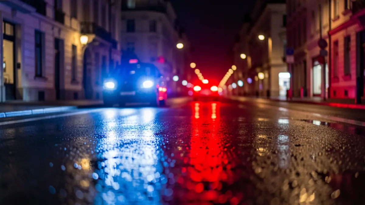 Generic image of police emergency lights reflected on asphalt.