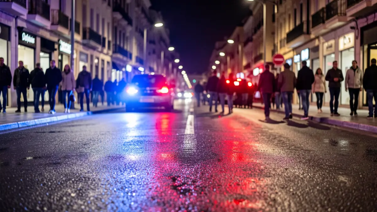 Imagen genérica de luces de emergencia policiales reflejadas en el asfalto durante una intervención nocturna.