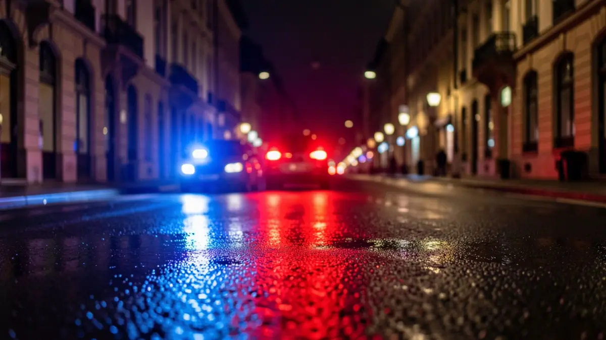 Generic image of police emergency lights reflected on asphalt.
