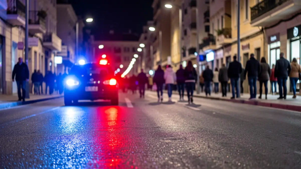Imagen genérica de luces de emergencia policiales reflejadas en el asfalto.