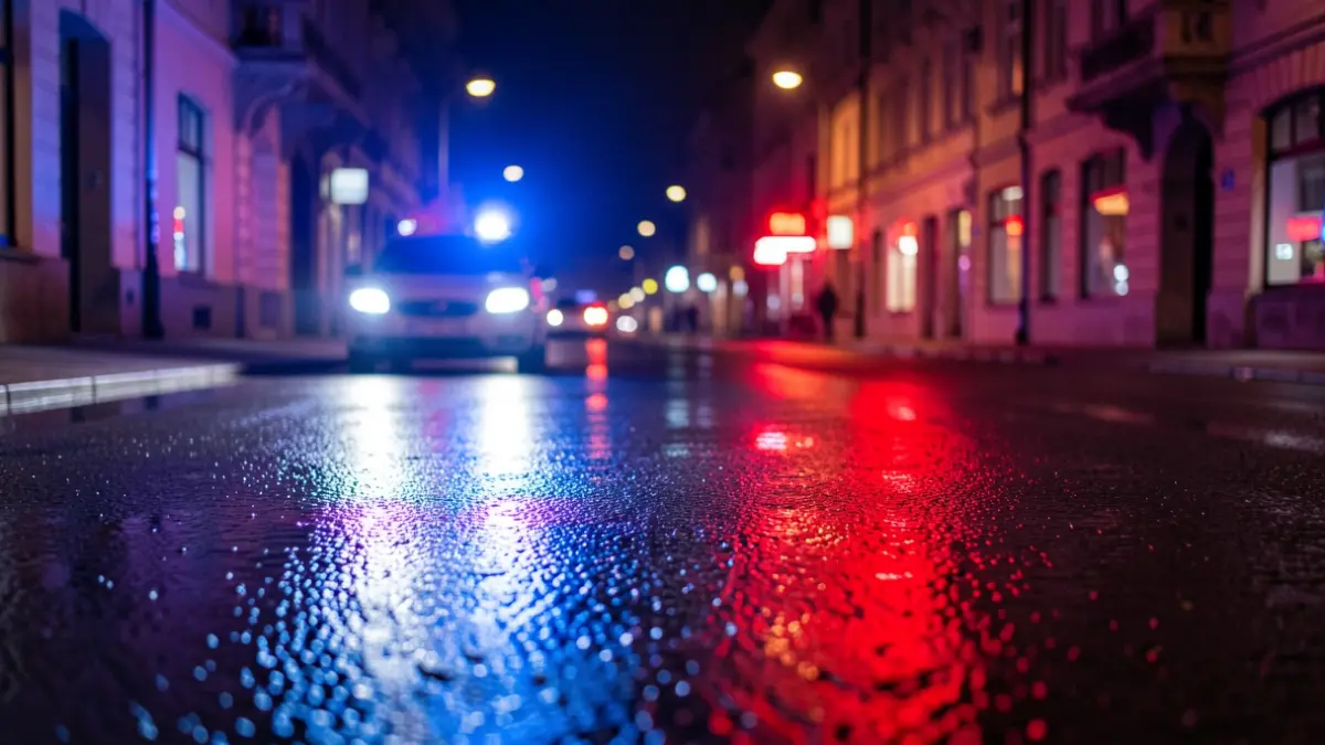Imagen genérica de luces de emergencia policiales reflejadas en el asfalto.