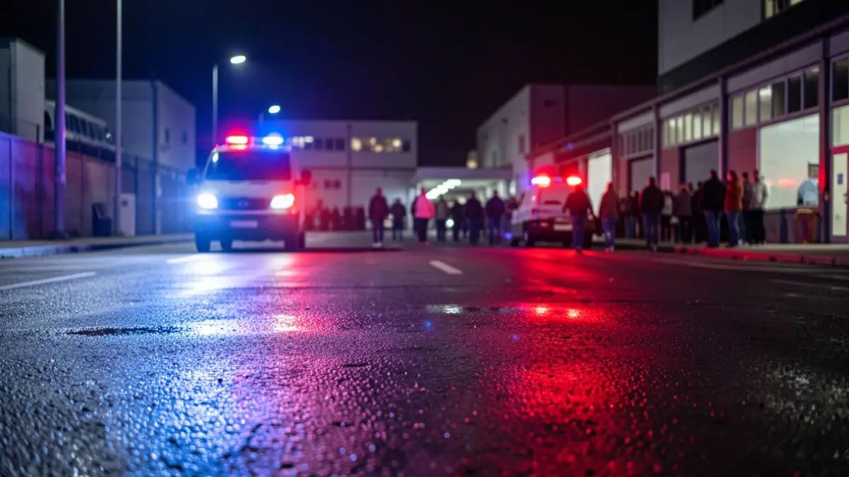 Generic image of police emergency lights reflecting on asphalt at night.