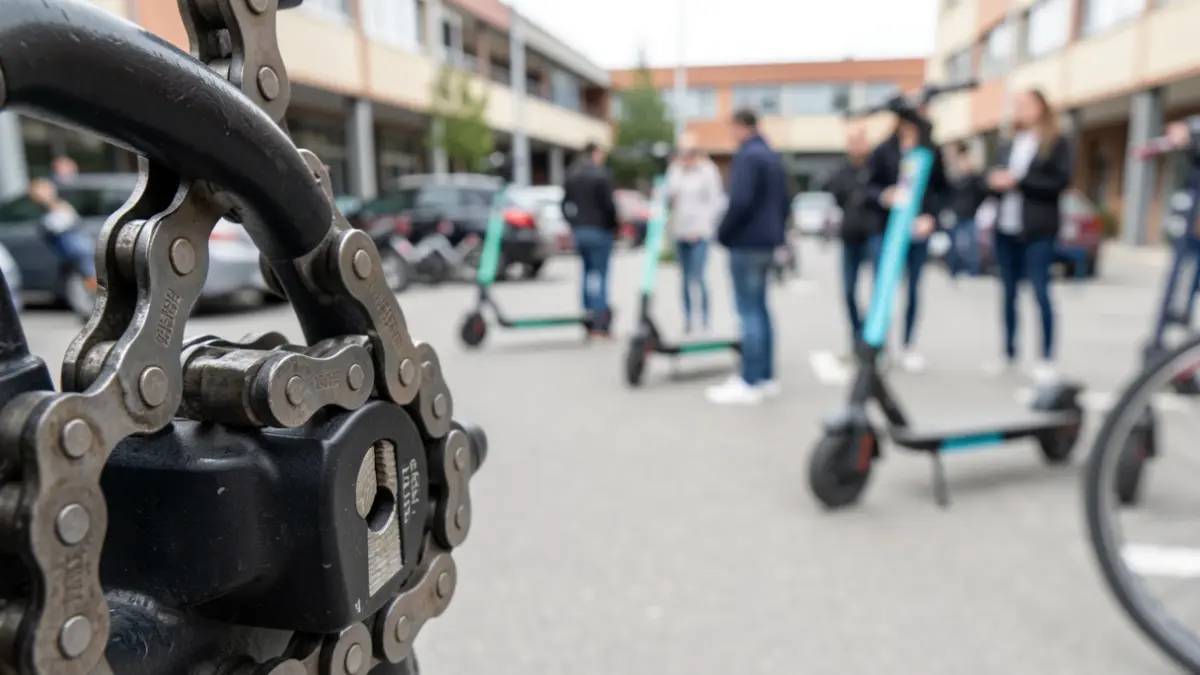 Cadena cortada de un candado de bicicleta, con patinetes y bicicletas borrosos al fondo en Fuenlabrada.